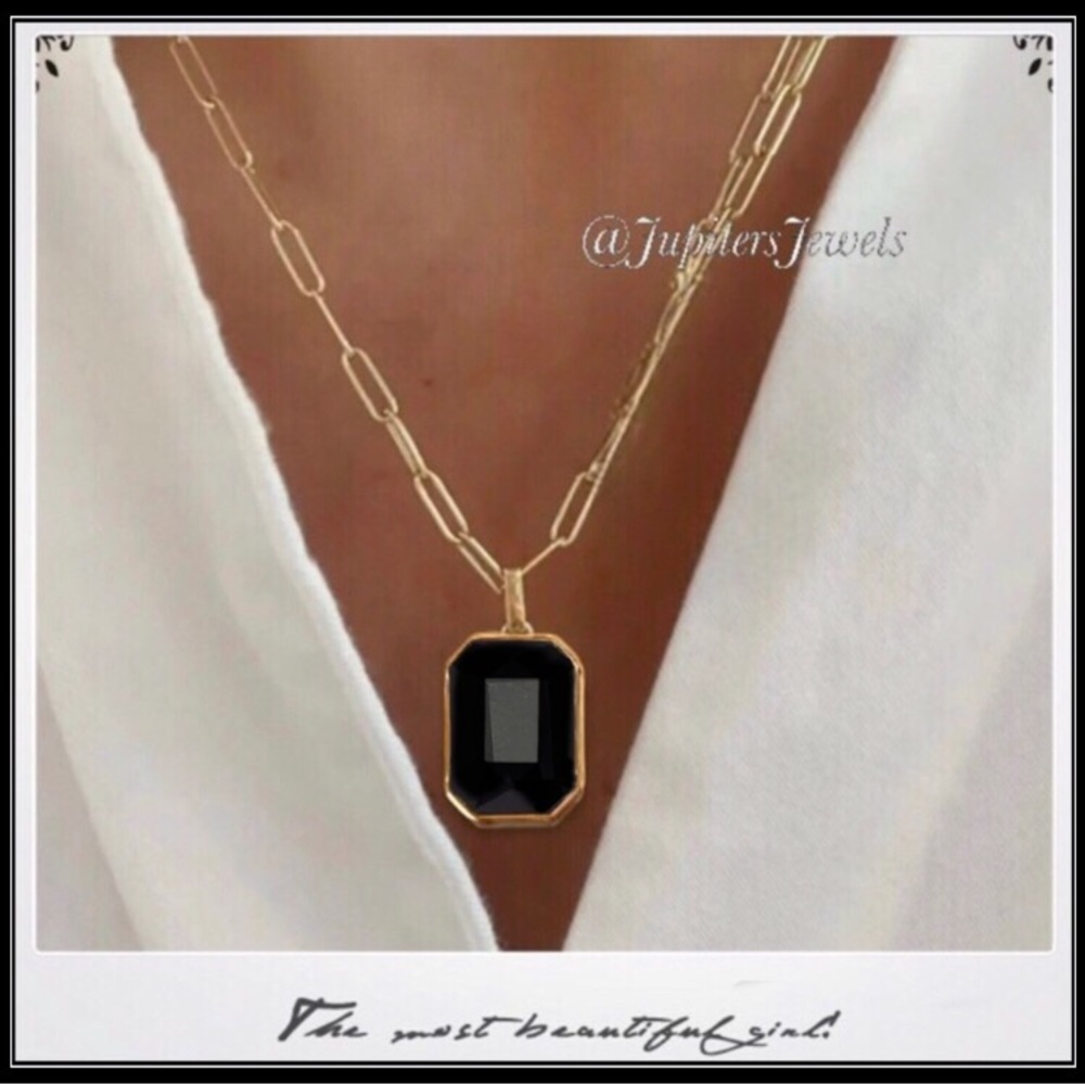14k Gold Emerald Cut Onyx Crystal Jet Minimalist Paperclip Necklace